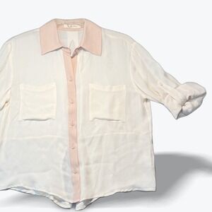 Chelsea Flower Silk Button Up Blouse Cream Pink Split Back Top Womens XS